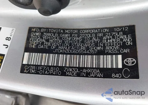 2013 Toyota Prius Four from USA, damaged, VIN JTDKN3DU6D5544357